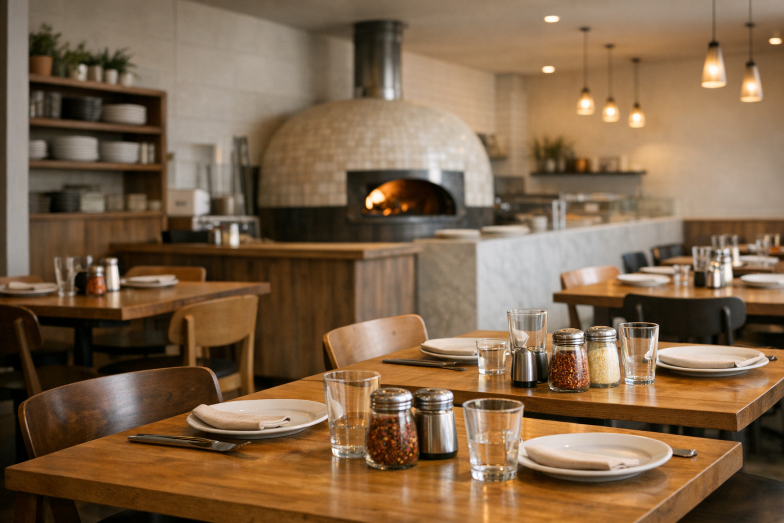 Pizzeria interior with wooden tables and warm lighting
