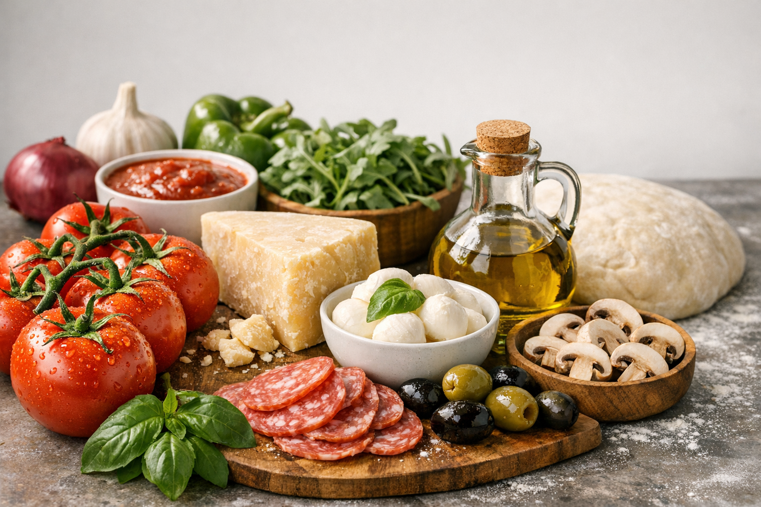 Fresh ingredients and sauce preparation station