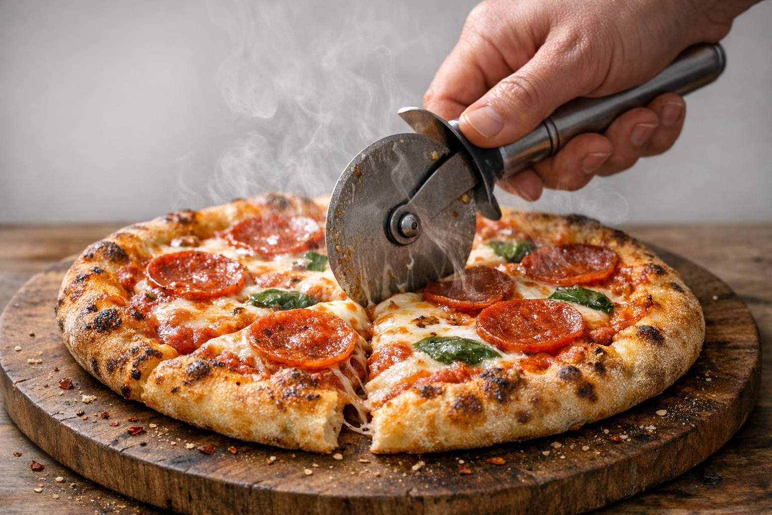 Freshly baked pizza ready for serving