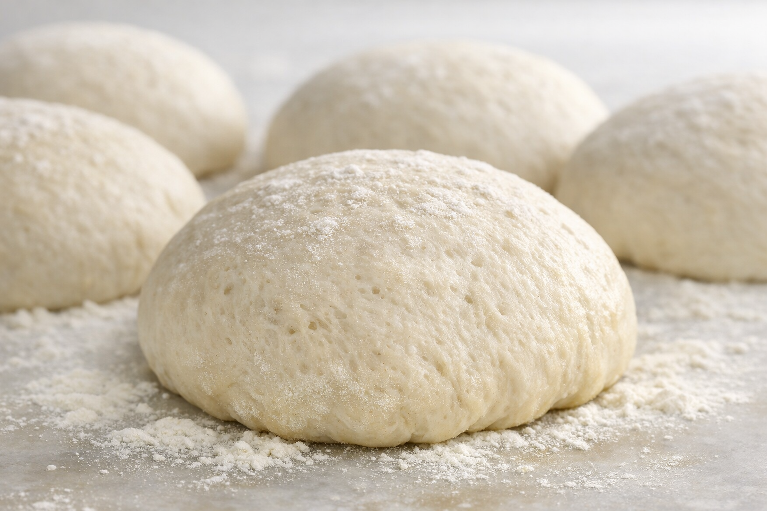 Pizza dough balls resting on preparation surface