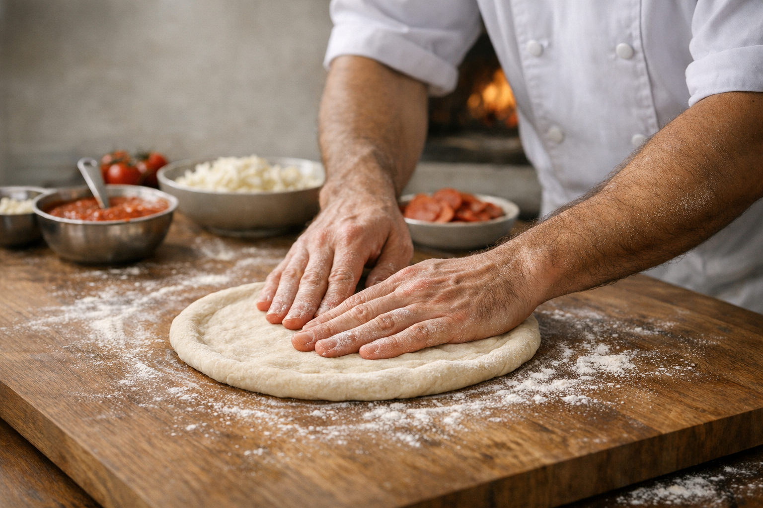 Pizza being prepared in an open kitchen